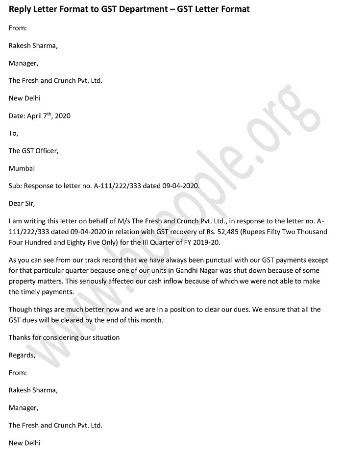 GST Letter Format - Reply Letter Format to GST Department