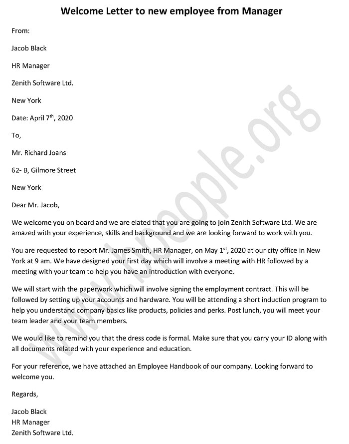 welcome letter to new employee from HR manager